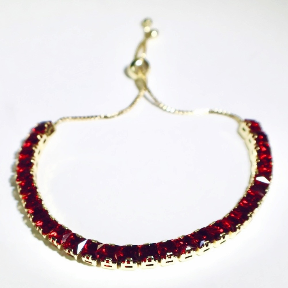 Swarovski Crystal Gold Plated Red Square Tennis Bolo Adjustable Bracelet Nwt